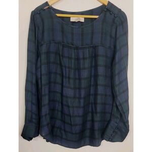 Loft Shirt Womens Large Blue Green Tartan Plaid Long Sleeve‎ Casual Christmas